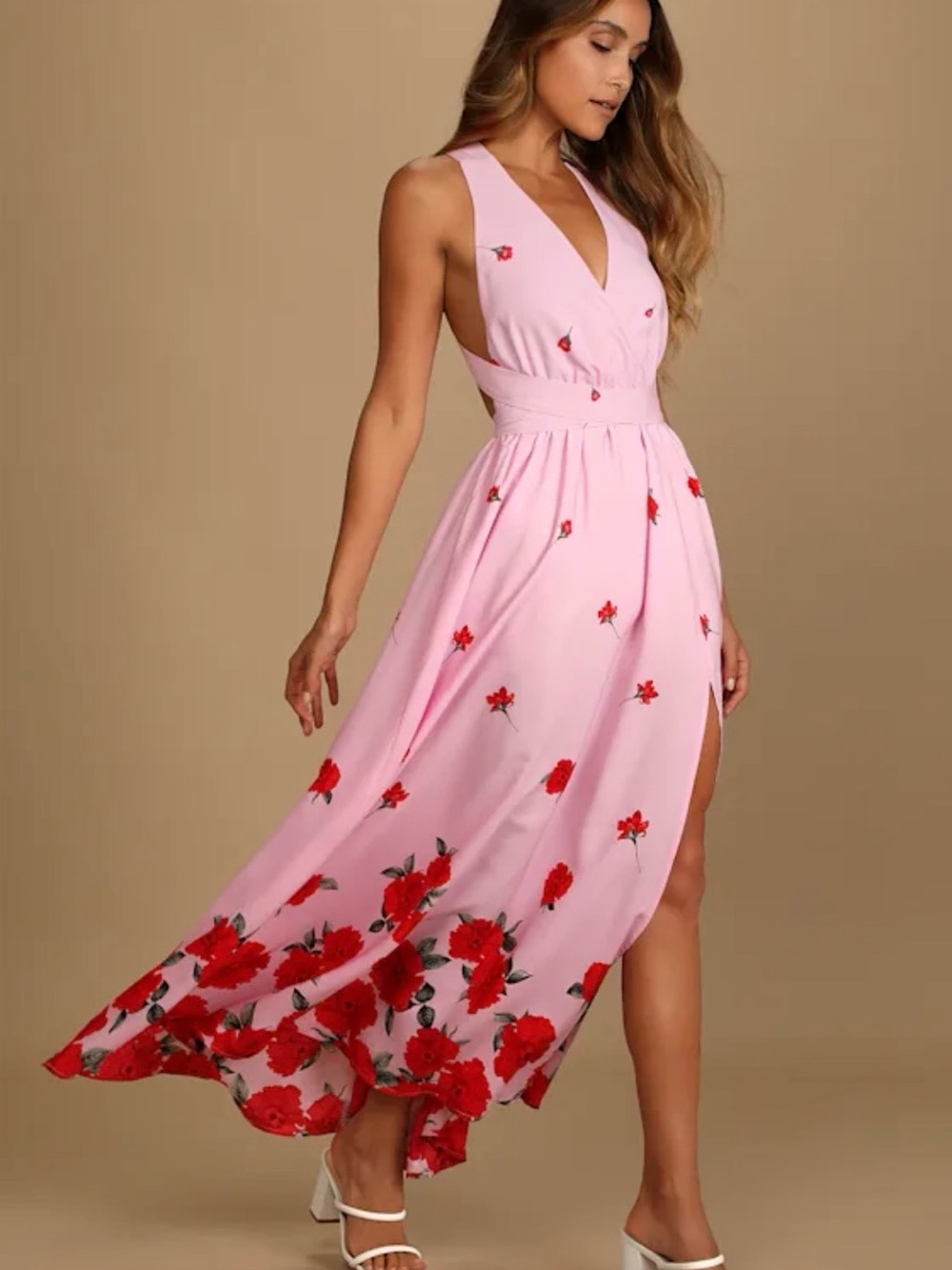 Lulu's Pink Maxi Dress with Red Floral Print